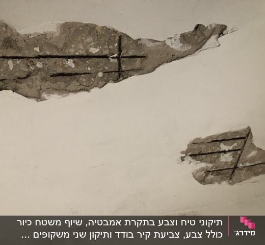 קיר עם טיח מתקלף וחשיפת ברזלים
